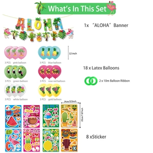 Kit fête tropicale Hawaï avec bannière ALOHA, 18 ballons en latex et divers autocollants