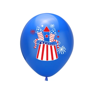 Detail of blue latex balloon with US Independence Day hat and rocket fireworks design