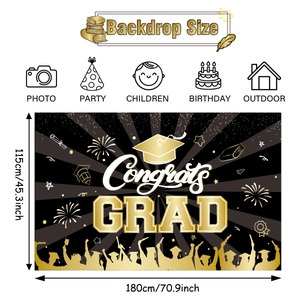 Black and gold 2026 graduation party backdrop with Congrats GRAD text, 180x115cm size