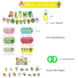 Detailed Aloha party decoration set including dimensions of banner, balloons and toppers
