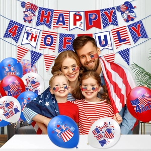 Family celebrating with July 4th decorations, USA themed banners and red blue balloons