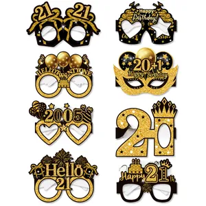 Set of 8 black and gold 21st birthday paper party glasses with glitter details