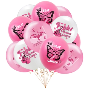 Palloncini rosa con nastro per sensibilizzazione sul cancro al seno e slogan