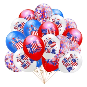 Close-up of July 4th balloons with stars, stripes, and red-blue confetti designs