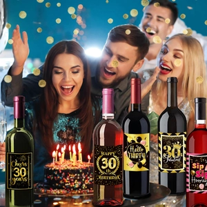 Detailed waterproof black and gold 30th birthday wine bottle labels for party decor