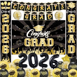 2026 Graduation Party Decorations Set Black Gold Congrats Grad Backdrop Banner Porch Sign Balloons For Graduation Ceremony Ceremony Party Supplies