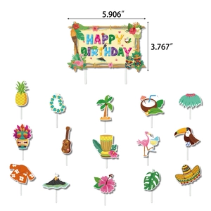 Hawaiian Aloha party cake topper set with tropical tiki, flamingo, and pineapple elements