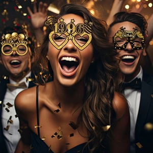 Close-up of black and gold 1996 birthday glasses with glitter finish for party celebrations