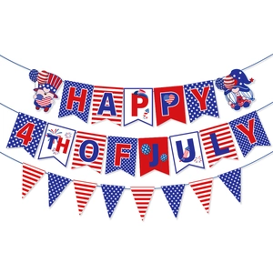 Three-tier Independence Day banners with Happy 4th of July text and cartoon gnome motifs
