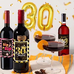 Three elegant 30th birthday wine bottle labels with pink and gold party decorations