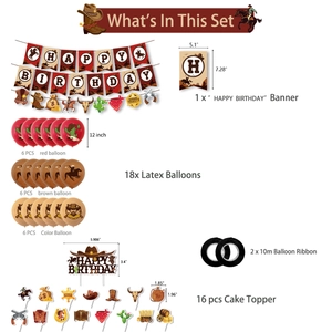 Detailed components of cowboy birthday party set with banners, balloons and cake toppers