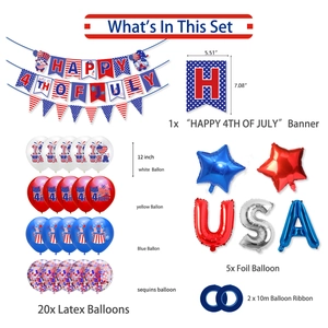 Independence Day party set with USA balloons and Happy 4th of July banner decorations