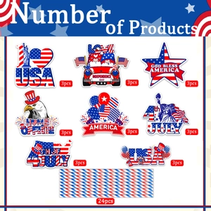 Detail set of 24 patriotic USA themed straw toppers and 24 red blue striped paper straws