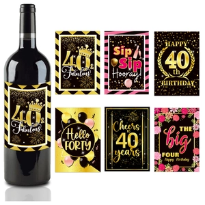 Set of 6 black and gold 40th birthday wine bottle labels with 40 & Fabulous greeting