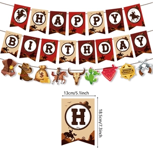Western cowboy happy birthday banner set with hat and cactus party decorations