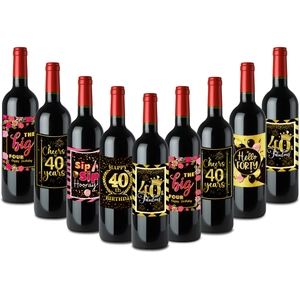 Detail of 40th birthday wine bottle labels featuring floral designs and gold accents
