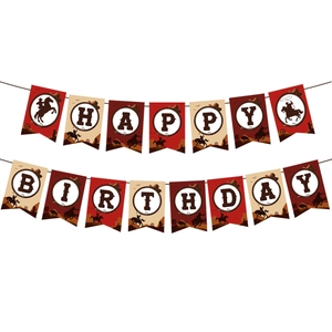 Western cowboy themed Happy Birthday banner set with rustic desert cactus design
