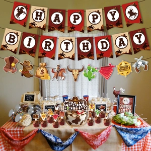 Western cowboy birthday party decoration set with sheriff banners and cake toppers