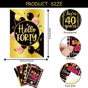 Size chart for 40th birthday stickers with waterproof and durable feature labels