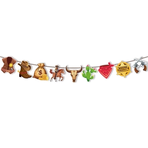 Detail of Western cowboy party banner featuring sheriff badge, horse, and cactus motifs