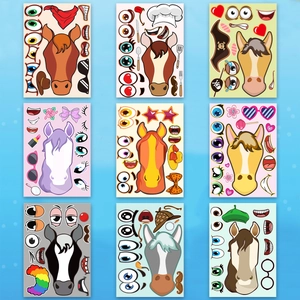 Lot de 9 planches de stickers cheval DIY avec visages de dessins animés variés