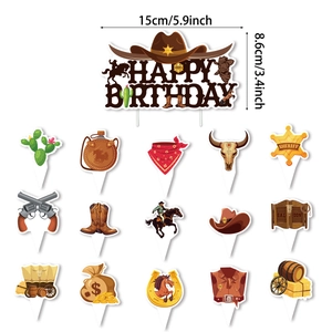 Western Cowboy Birthday Cake Topper Set with Cactus Horse and Happy Birthday Sign