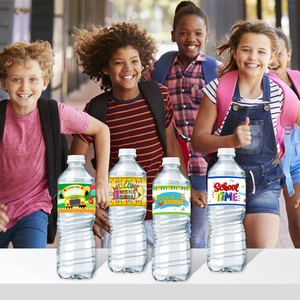 Back to school water bottle labels with colorful school bus and pencil designs