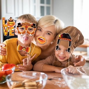 Thanksgiving photo booth props kit with turkey glasses and pumpkin theme signs