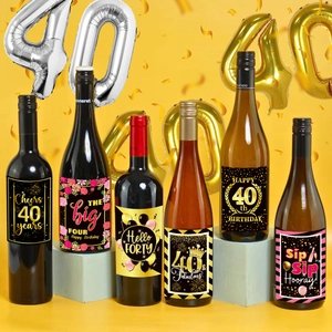 Set of 6 black and gold 40th birthday wine bottle labels with crown and firework designs