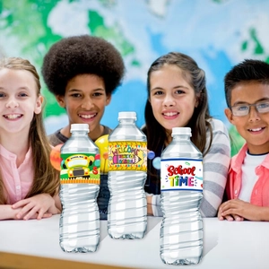 Back to School water bottle stickers featuring school bus designs for school parties