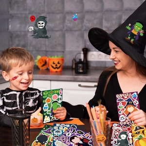 Kids and mother playing with Halloween puzzle stickers featuring pumpkins and ghosts