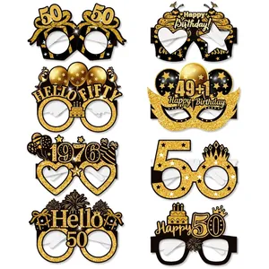 Set of 8 gold and black 50th birthday party paper glasses with glitter finish for photos