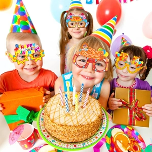 Colorful Happy Birthday party paper glasses set worn by children for photo props
