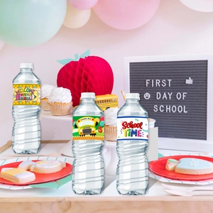 Colorful Back to School water bottle labels with school bus and pencil designs