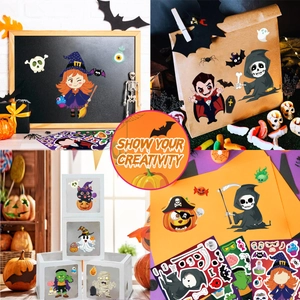 Halloween DIY sticker set with cartoon monsters for decorating party gift bags and boxes