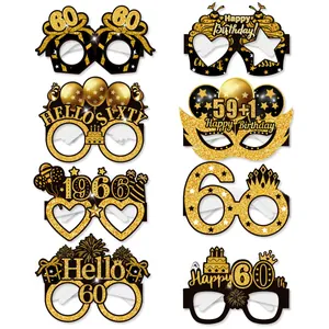 Set of 8 black and gold 60th birthday party paper glasses with glittery festive patterns