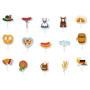 Set of 15 Oktoberfest party cake toppers featuring pretzels, beer mugs and Lederhosen