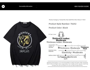 Détail du tissu en coton et de l'imprimé tête de chien dorée sur t-shirt noir