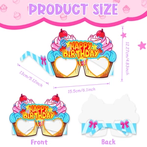 Multi-angle view of colorful paper cupcake Happy Birthday party glasses for celebration