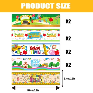 Set of 10 school party water bottle labels featuring bus and stationery designs