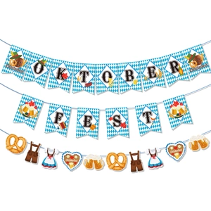 Three-piece Oktoberfest banner set with blue diamond patterns and Bavarian party symbols