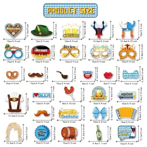 Tableau des tailles pour accessoires photo Oktoberfest avec dimensions de 30 articles de fête