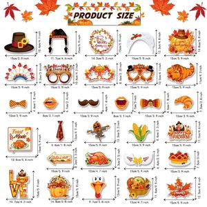 Detailed product size chart for 24-piece Thanksgiving party photo booth props with dimensions