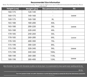 Size chart for oversized T-shirts from XL to 12XL with height and weight recommendations
