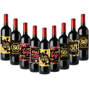 50th birthday wine bottle labels with black gold and pink designs for party decorations