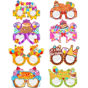Set of 8 colorful paper party glasses with birthday cake and balloon designs