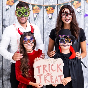 Halloween paper glasses set for family party featuring pumpkin, witch and spider designs
