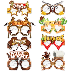 Set of 8 Wild West cowboy party paper glasses with cactus horse and sheriff star designs