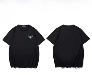 Front and back view of a black crewneck T-shirt with wing logo embroidery detail