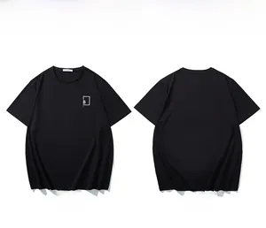 Front and back view of a black oversized T-shirt with minimalist letter B embroidery